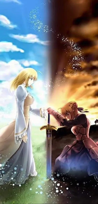 Dynamic fantasy anime wallpaper featuring two contrasting characters with a sword.