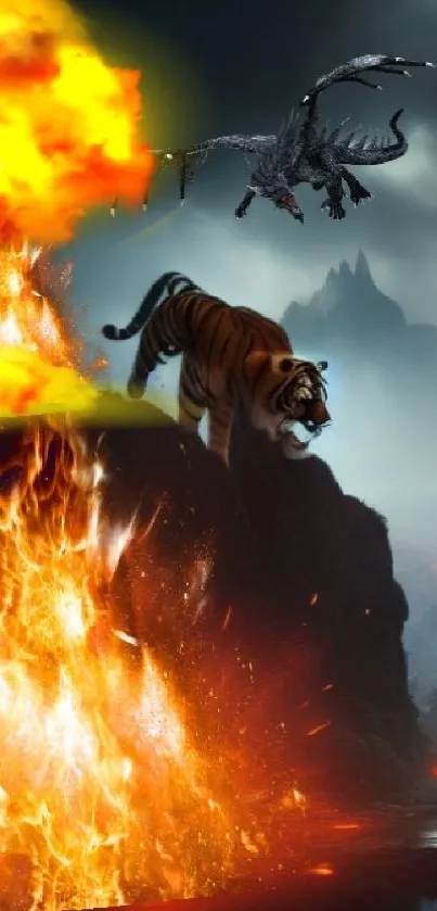 Epic scene with fire, a tiger, and a flying dragon.