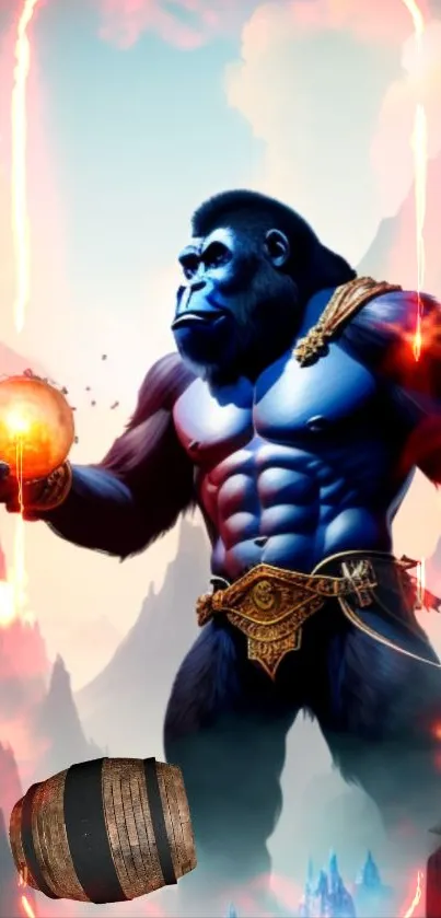 Fantasy gorilla warrior in a mystical mountain landscape holding a glowing orb.