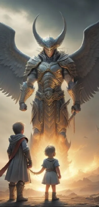 Epic guardian figure with children in a mystical, fiery background.