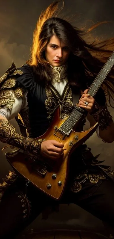 Fantasy guitarist in armor playing electric guitar with smoky background.