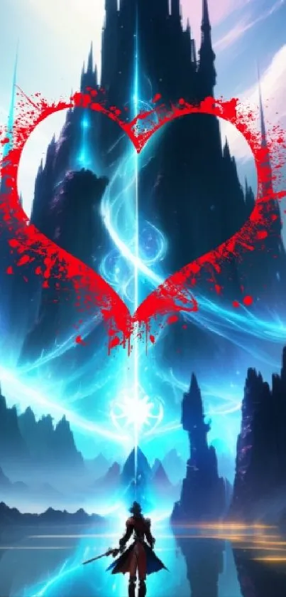 Epic fantasy wallpaper with glowing castle and heart design.