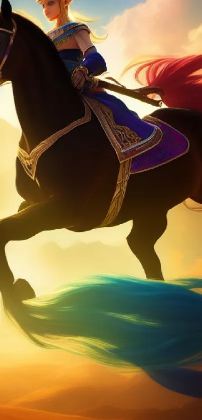 Fantasy art of a rider on a horse with vibrant colors and sunset background.