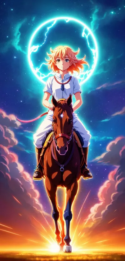 Epic anime artwork of character on horseback under a vivid blue moonlit sky.