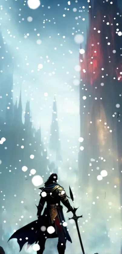 Epic fantasy wallpaper with a knight in a snowy landscape.