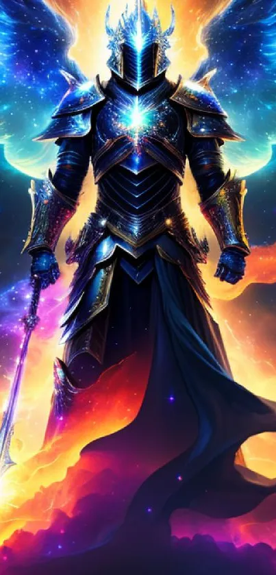 Fantasy knight with glowing wings in colorful cosmic setting.