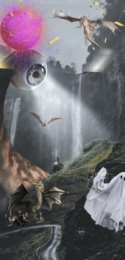 Fantasy landscape with dragons and a giant eyeball in a mystical scene.