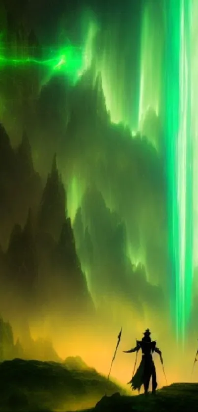 Epic fantasy landscape with green aurora and shadowy figures.