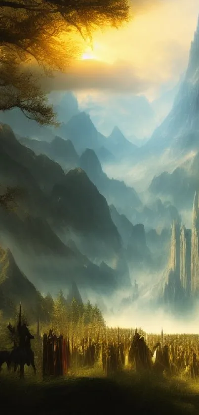 Epic fantasy landscape with mountains and valleys, perfect for inspiring mobile wallpaper.