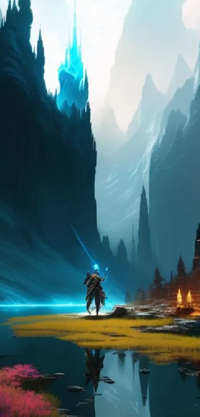 Epic fantasy landscape with warrior and glowing fortress.