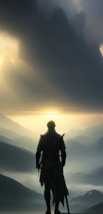 Warrior stands before fantasy landscape at sunrise.