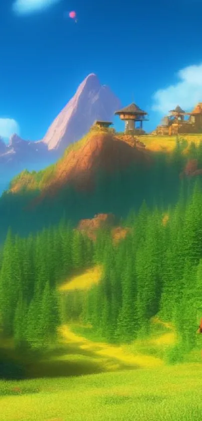 Epic fantasy landscape with lush greenery under a vivid blue sky.