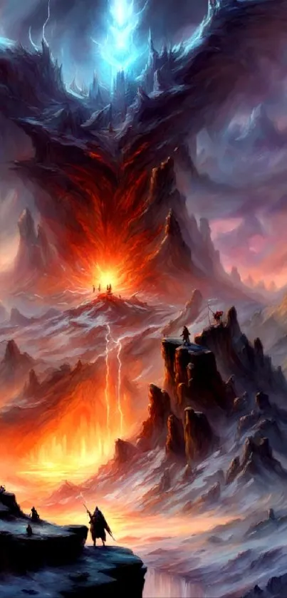 Epic fantasy landscape with fiery skies and mystical mountains in vibrant colors.