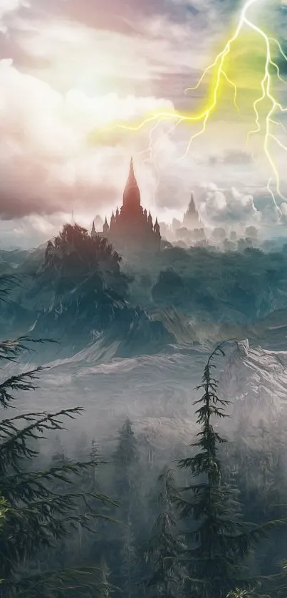 Epic fantasy landscape with dramatic skies, castles, and lightning.