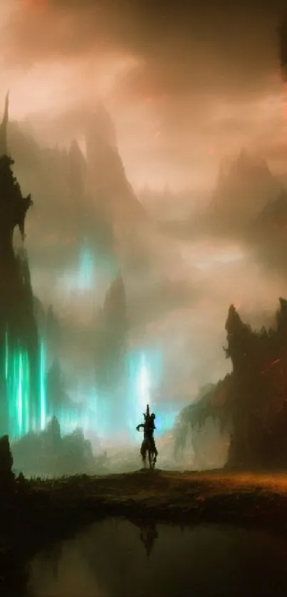 Epic fantasy landscape with mystical glowing lights and dark mountains.