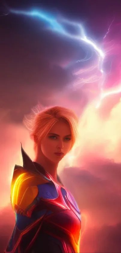 Fantasy warrior with lightning in a vibrant cloudy sky.