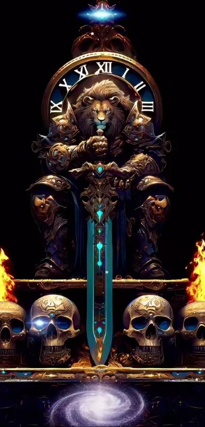 Epic fantasy lion throne with glowing sword and skulls at night.