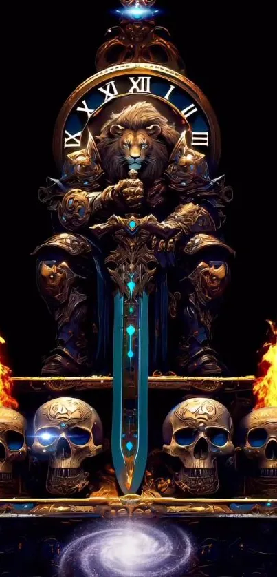 Lion warrior on throne with flaming skulls, cosmic background.