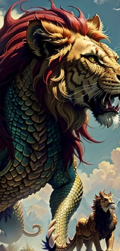 A majestic fantasy lion with colorful mane and scales in a mythical setting.