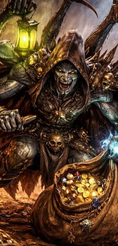 Epic fantasy creature guarding treasure with glowing elements.