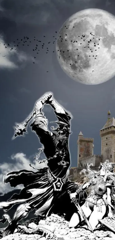 Epic fantasy battle scene under a full moon with a castle backdrop.