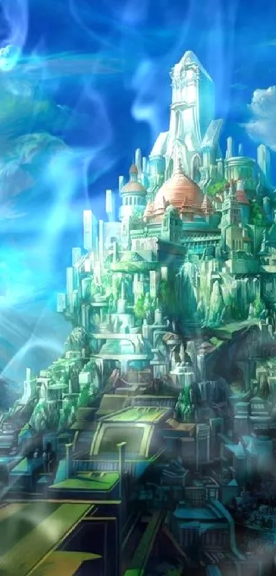 Epic fantasy city with mountains and vibrant skies.