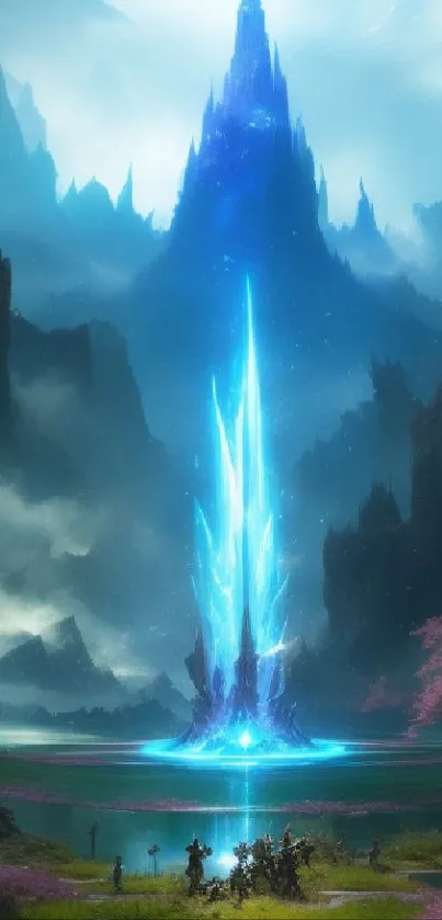 Fantasy wallpaper featuring a radiant blue mountain spire in a mystical landscape.