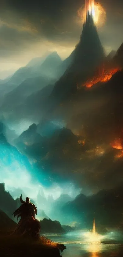 Epic fantasy landscape with fiery mountains.