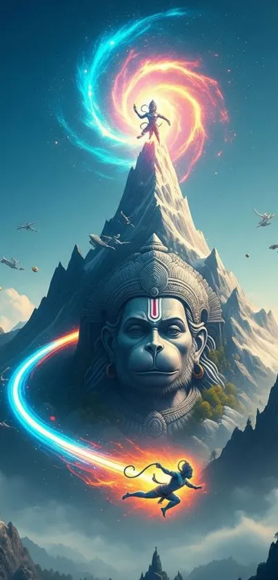 Epic fantasy scene with mountains and mystical figure.