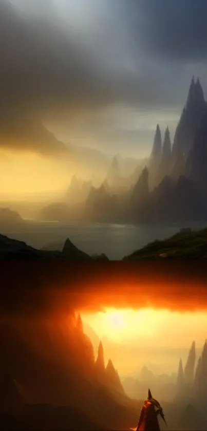 Epic fantasy mountain landscape with a lone warrior at sunset.