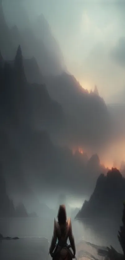 Epic fantasy mountain landscape with misty peaks and glowing horizon.