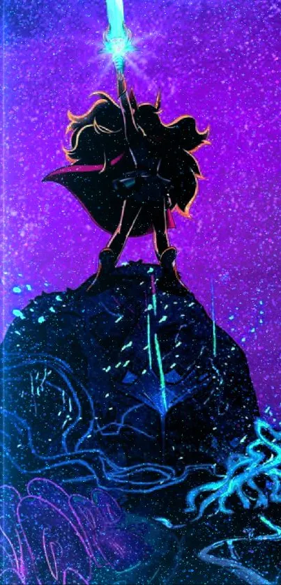 Silhouetted hero on rock under a glowing purple night sky.