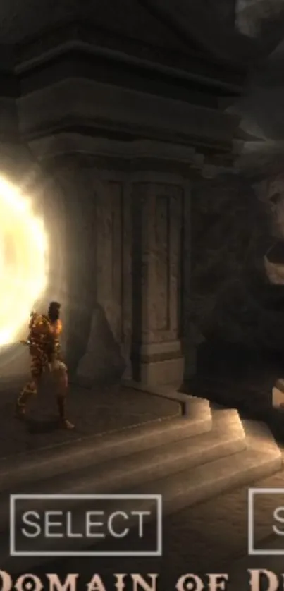 Epic fantasy scene with a glowing portal and dark stone architecture.