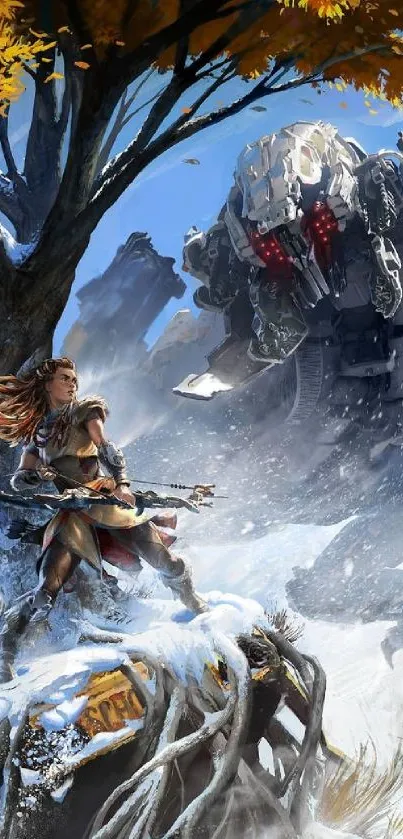 Fantasy warrior faces giant robot in snowy forest.