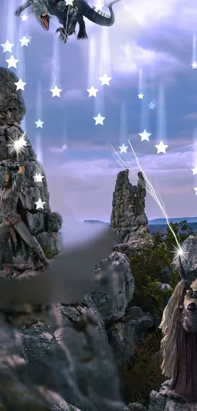 Epic fantasy scene with stars and mythical figures on cliffs.