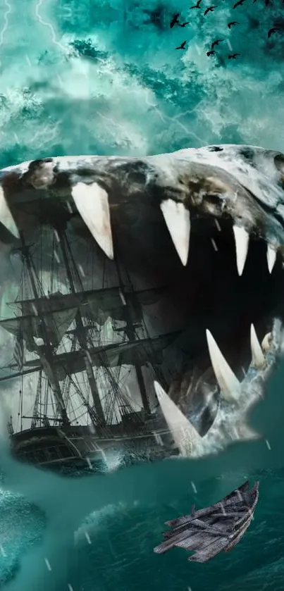 Epic fantasy sea wallpaper with a giant monster attacking a ship amidst a storm.