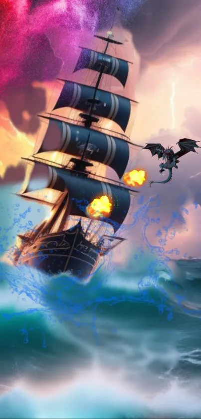 Epic ship and dragon amidst stormy seas with vibrant colors.