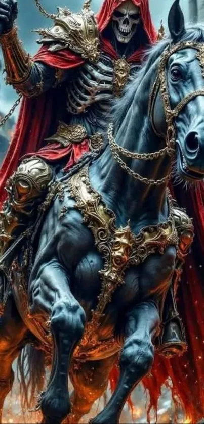 Skeleton warrior on black horse amidst fire.