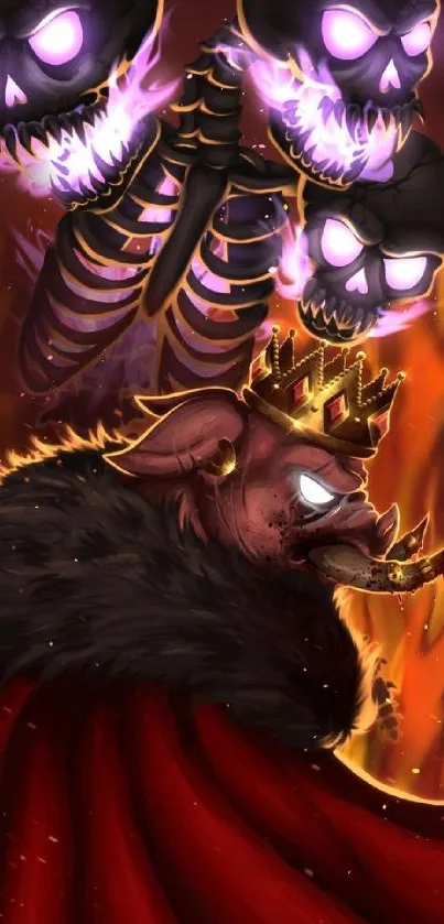 Epic fantasy wallpaper with skulls and crowned beast.