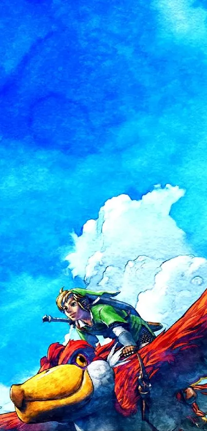 Fantasy hero riding a bird in a vibrant watercolor sky scene.