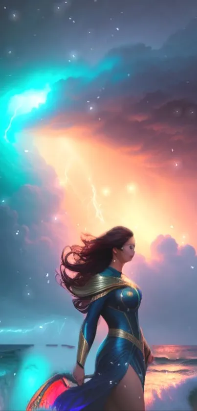 Heroic figure in stormy fantasy setting with vibrant lightning over the sea.