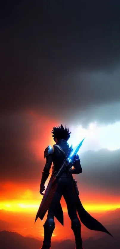 Epic fantasy wallpaper with hero silhouette against a vibrant sunset.