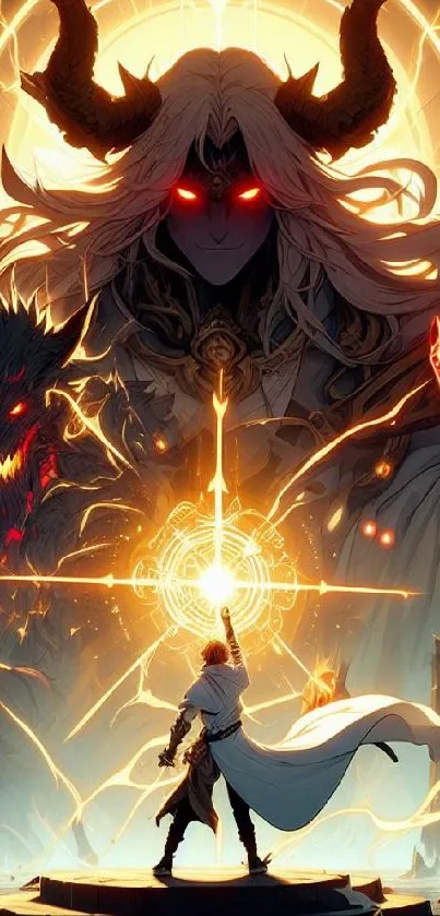 Epic fantasy scene with knight and glowing sword.