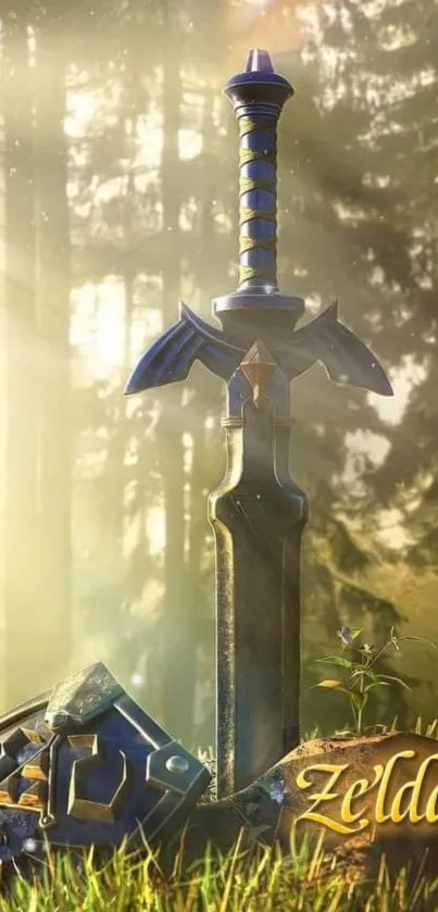 Epic fantasy sword stands in forest.