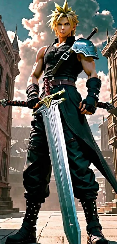 Epic warrior with sword in a fantasy street setting.