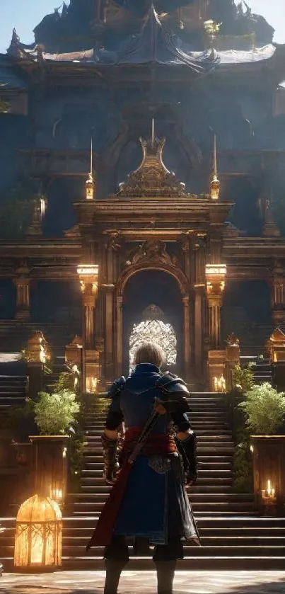 Epic fantasy wallpaper with hero at a grand temple entrance.