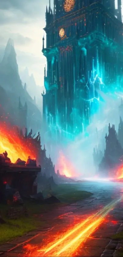 Epic fantasy wallpaper with fiery trails and a glowing tower.