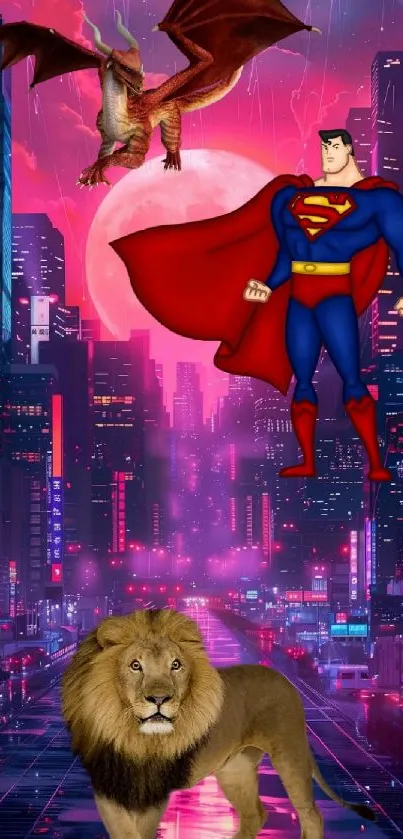 Epic superhero, dragon, and lion in neon cityscape mobile wallpaper.