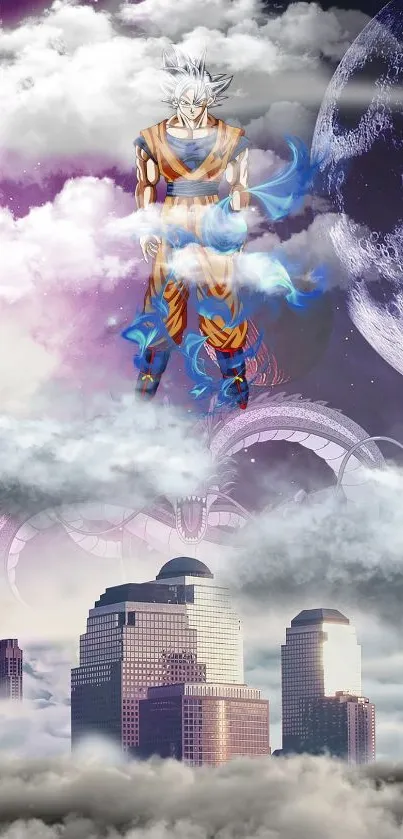 Fantasy warrior above a cityscape with cosmic elements.