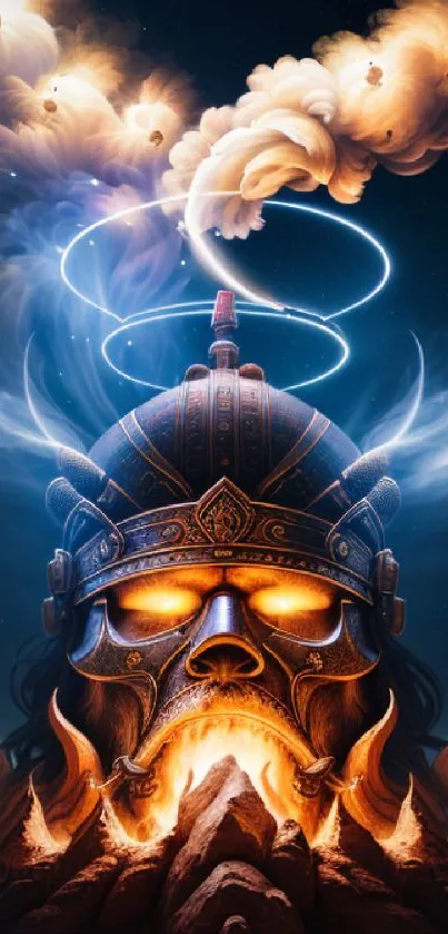 Epic warrior helmet with fire and mystical swirls.